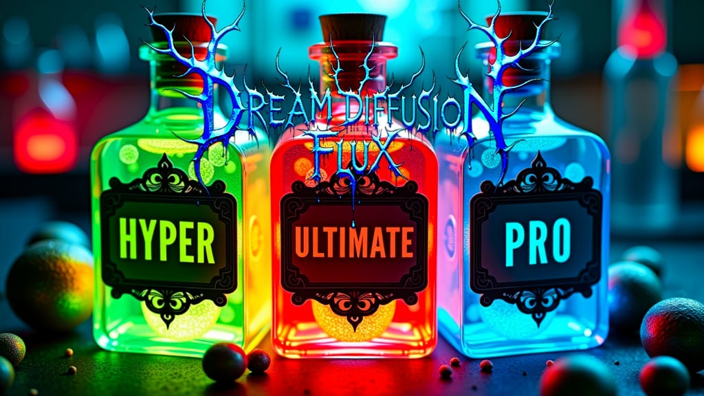 3 glowing Neon Green and Red and Blue ooze bottles, Radioactive, bubbles inside, Ornaments, rectangular potion of poison with intricate black adornment, sparkle, glow, laboratory background, 3D, Bottles, Poster title top center says "DREAM DIFFUSION". Text on bottle one label says HYPER, Text on bottle two label says ULTIMATE, Text on bottle three label says PRO,