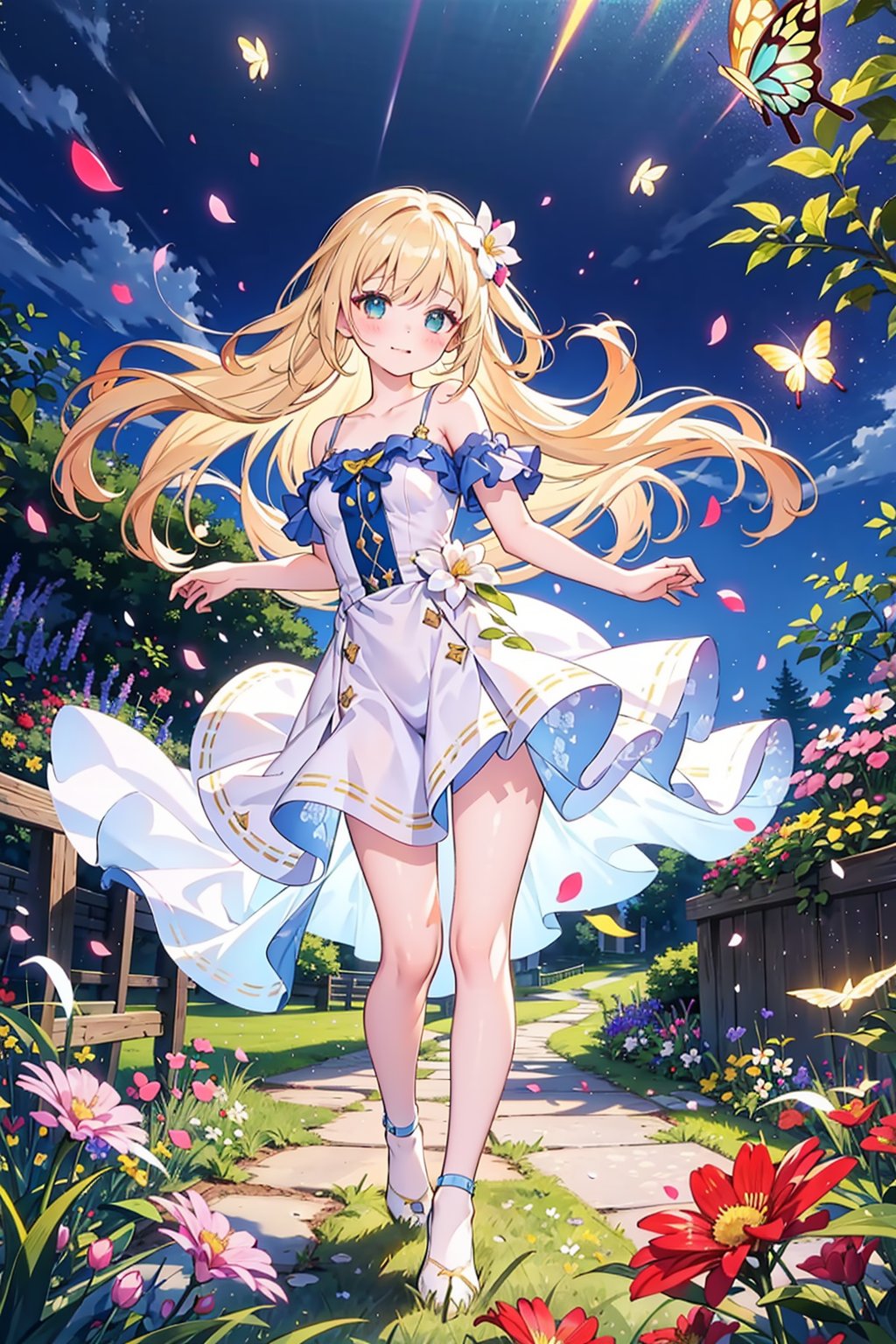 1girl,solo,full body,(masterpiece:1.21),(best quality:1.2),colorful,(illustration:1.2),(cinematic lighting:1.1),(bare shoulders:1.21),(collarbone:1.21),In this whimsical and fantastical garden,the scene is illuminated by a rainbow of (colorful fireflies),dancing and fluttering in the air. The garden is decorated by a gentle (drizzle),creating a misty and ethereal atmosphere. In the center of the scene,there is a single girl,an extremely delicate and beautiful girl,with cute features and an innocent expression. Her long hair is flowing with the wind. She is wearing no shoulder straps dress,which is ultra low cut,highlighting her delicate curves.,The lighting is very delicate and beautiful,creating a soft and warm glow that highlights the water,making it sparkle like diamonds. The finest grass is also illuminated,creating a lush and verdant carpet. The garden is surrounded by colorful flower fields,with blooms of every color and shape. (Colorful butterflies),of every shade and size,can be seen fluttering around the scene,adding to the overall sense of wonder and magic. (look ai viewer),A blush can be seen on her nose,and her mouth is slightly open,adding to the overall sense of innocence and youthfulness. Falling petals can be seen floating around her,adding to the overall sense of romance and beauty. A gentle wind is blowing through the scene,making the leaves rustle and the flowers sway,adding to the overall sense of movement and life. This is a scene of pure wonder and magic,filled with color and beauty,where the viewer can lose themselves in the enchanting and captivating world.,