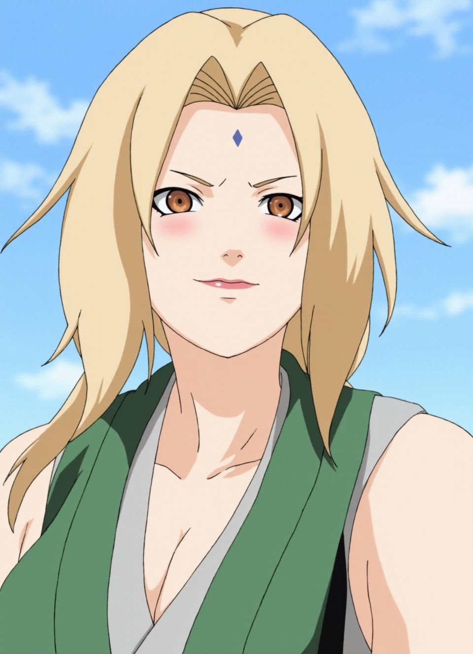 This image is a digital frontview drawing in the anime style, depicting a female character's upper body with a serious and determined expression. The character has light blonde hair, cut in a straight,The wind is blowing her hair,shoulder-length style with bangs that cover her forehead. Her eyes are large and almond-shaped, with a piercing gaze, and her skin is fair blushing, She topless and showing naked big breast, which is green with a black sash and a grey inner layer visible at the neck.Her face is adorned with a small, triangular blue mark on her forehead, typical of certain Japanese characters in anime.The background is Blue sky and white clouds making the character the focal point of the image. The drawing style is clean and crisp, with smooth lines and a minimalistic shading technique that highlights the contours and textures of the character's hair. The overall tone of the image is somber and intense, reflecting the character's demeanor and the dramatic nature of the scene.,smiling,tsunade, <lora:Tsunade_Flux_V1_r1:0.95>