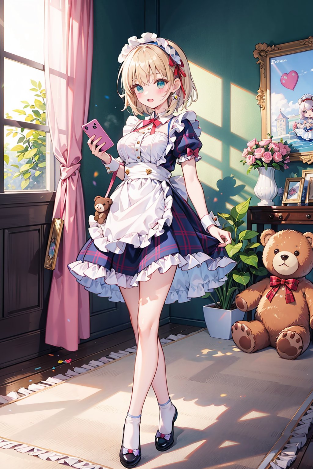 （（tmasterpiece：1.4，best qualtiy））+，（ultra - detailed）+，offcial art，Unity 8k壁纸，ultra - detailed，aestheticly pleasing，high high quality，big breasts beautiful，tmasterpiece，best qualtiy，Bow knot，Ribbons，((Handheld bear))，（（Brown teddy bear）），Handheld，doll，doll，Candy decoration，Misty，Lolita prostitute，Little princess，（flatchest），full bodyesbian，Standing painting，white backgrounid，Plaid apron，Side straps，Princess shoes，Bear-eared headband