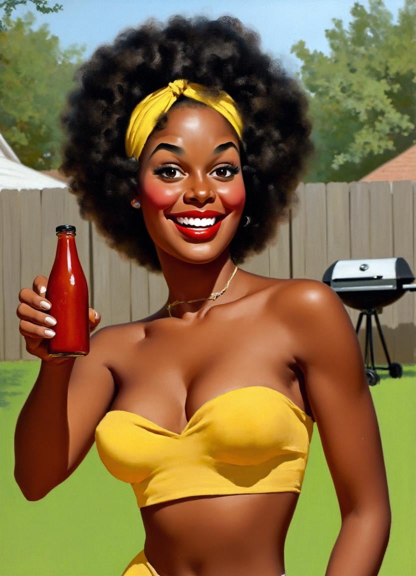 A realistic,  high-resolution image by Gil Elvgren. The central focus is a close up of a dark-skinned woman a bottle of ba...