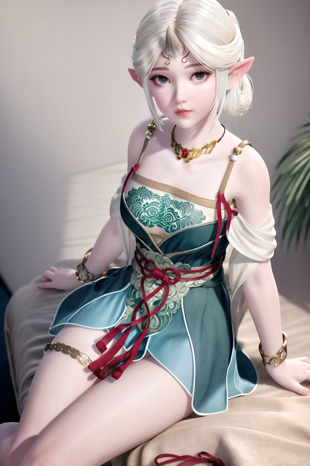 (8k, RAW photo, best quality, masterpiece:1.2),(realistic, photorealistic:1.3), ultra-detailed, extremely detailed cg 8k wallpaper,(crystalstexture skin:1.2), extremely delicate and beautiful, pointy_ears, 1girl, elf, solo, thigh_strap, jewelry, necklace, bare_shoulders, simple_background,(full shot), (breasts, medium breasts,  cleavage), looking_at_viewer, sitting, full body, 