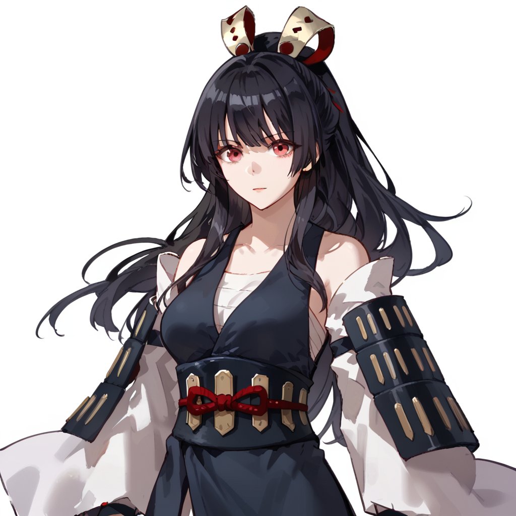 (white background:1.2),looking at viewer,(SOLO:1.4),outline,simple background,upper body, cowboy shot,looking at viewer,(((arms at side))),  beichen mei, long hair, black hair, bangs, breasts, red eyes, armor, medium breasts, japanese armor, 1girl, hair ornament, ponytail<lora:beuchen-pony:0.8>