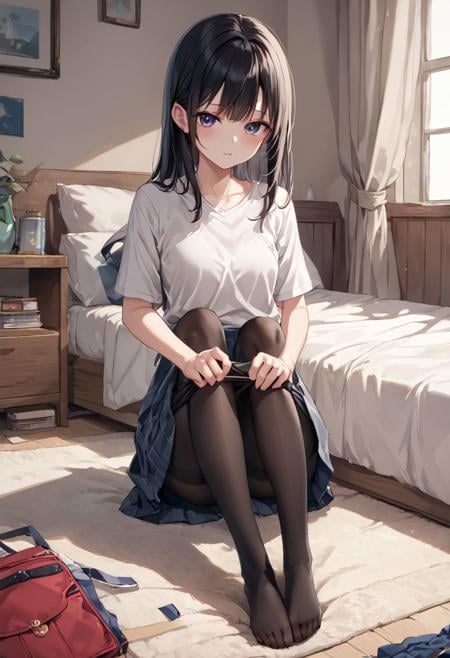 score_9, score_8_up, score_7_up, score_6_up, source_anime, BREAK, 1girl, fullbody,bedroom, sit, Pull Down Pantyhose, (Pull by Self), pulled by self