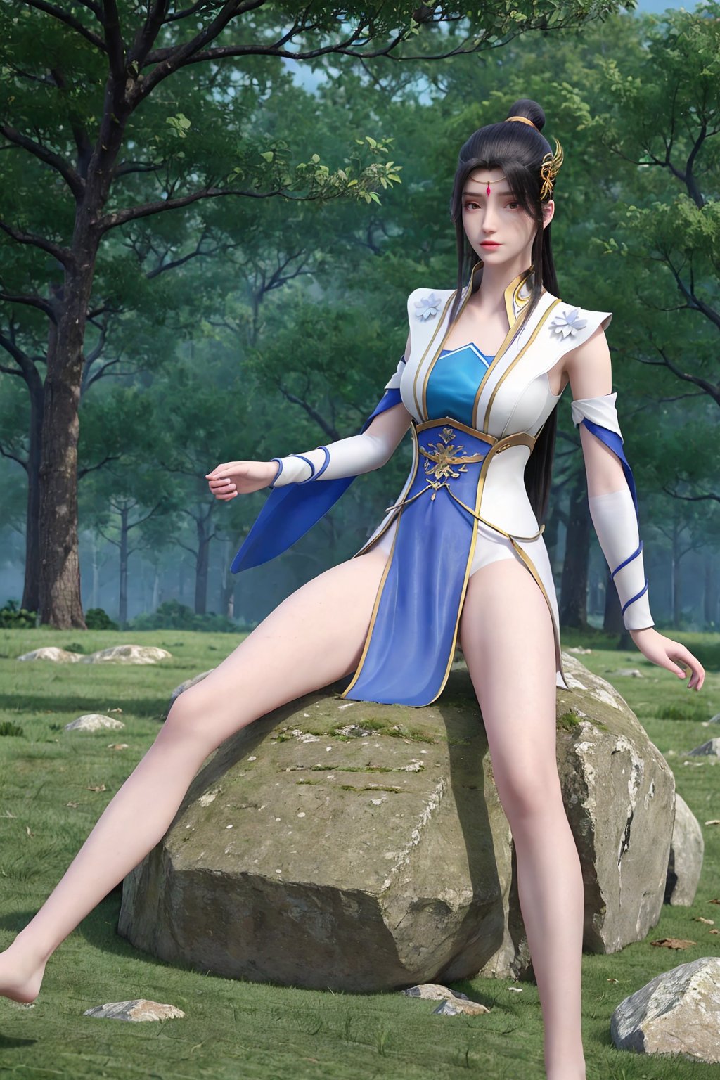 professional 3d model (8k), (raw photo), (best quality), (hyper detailed), (masterpiece:1.2), (realistic:1.2),(photorealistic:1.3).(the image is a 3d rendering of a female figure).<lora:syqiangk_加强_南G月_C9_5.2:0.8>,1girl, solo, black hair, long hair, hair ornament, ponytail, hair bun, bare legs,﻿(shiny skin:1.2), (pale skin:1.3), (fair skin:1.3), (white skin:1.3). outdoors,  tree,  rock, grass, forest, nature,full shot. lying, on back, lie supine, flat, spread legs, dress, chinese clothes, long sleeves, detached sleeves, wide sleeves,  hanfu, skirt, armor, barefoot, looking at viewer . octane render, highly detailed, volumetric, dramatic lighting