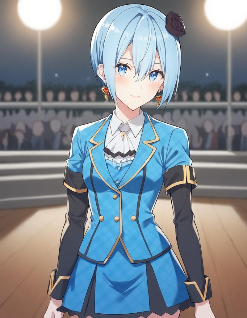 score_9, score_8_up, score_7_up, source_anime, BREAK1girl, solo, looking at viewer, blurry background, cowboy shot, light smile, on stage, stage lights, small breasts, crowd, dark, coulia nokiel, short hair, blue hair, hair between eyes, blue eyescoulia outfit 2, hair flower, earrings, white ascot, jewelry, white collared shirt, checkered clothes, blue jacket, layered sleeves, short over long sleeves, gold trim, blue pleated skirt,<lora:noa_anime_v2-soralz:1>