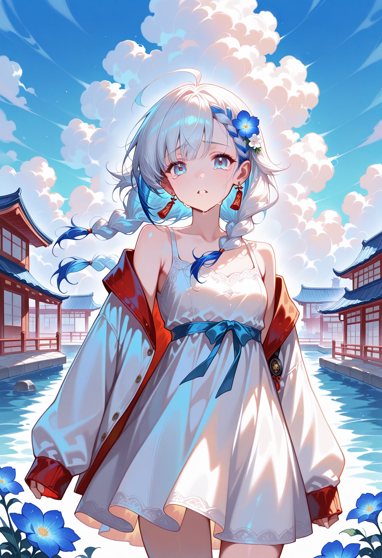 1girl, solo, flower, long hair, braid, cloud, sky, virtual youtuber, outdoors, blue eyes, dress, floating hair, ahoge, off shoulder, white flower, white dress, blue hair, sleeves past wrists, jacket, hair ornament, looking at viewer, white hair, long sleeves, cloudy sky, parted lips, white jacket, twin braids, building, earrings, jewelry, tears, water, open clothes, blue flower very aesthetic, masterpiece, absurdres