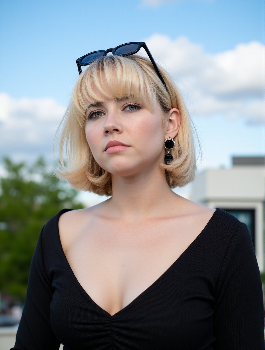 The image is a high-resolution photograph of a young woman with light skin and short, platinum blonde hair, styled in a simple, sleek bob. She has striking blue eyes and a calm, neutral expression. Her lips are slightly parted, and she wears a subtle, natural makeup look with a hint of pink lipstick. She is dressed in a black, loose-fitting top with a V-neckline, which adds a casual yet stylish touch to her appearance. She accessorizes with large, black, dangling earrings that catch the light, adding a touch of elegance. Perched on her head, a pair of sunglasses rests, suggesting she is ready for a sunny day. The background is slightly blurred, but it appears to be an outdoor urban setting with a mix of greenery and architectural structures. The sky is a bright blue with scattered white clouds, indicating a clear day. The overall mood of the photograph is serene and modern, capturing a moment of relaxed confidence. The image is crisp and detailed, highlighting the textures of her hair and clothing, as well as the subtle shadows and highlights on her face.,Velma,<lora:Velma_Flux_V1:1>