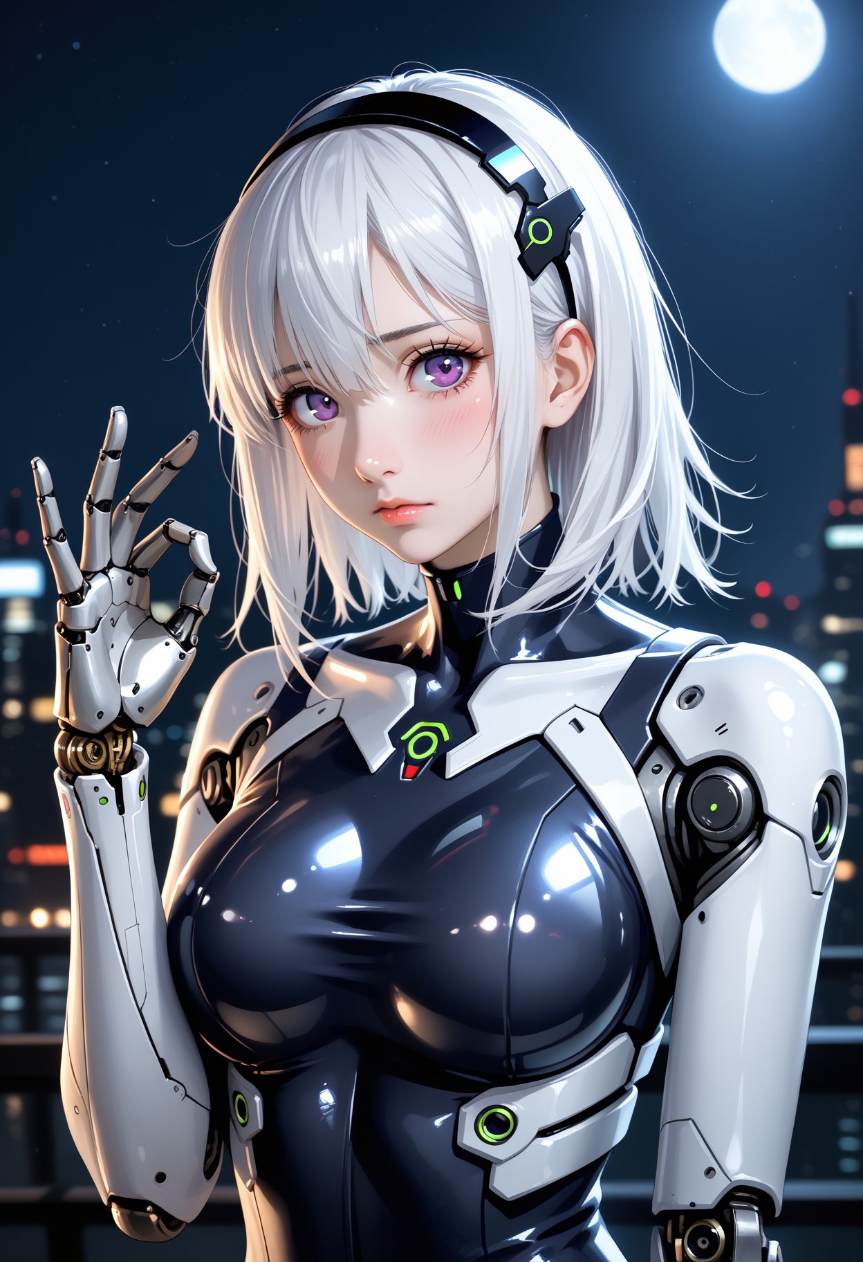 1girl,solo,looking at viewer,medium hair,bangs,hairband,purple eyes,hair ornament,hair between eyes,white hair,fluffy hair,large_breasts,blush shy,shiny_skin,very detailed clothes,very realistic textures,very detailed textures,longeyelashes,brown eye shadow,night,dim light,cyberpunk,mechanical arm,sci-fi style clothes,hair_tucking,metal material,realistic metallic texture,hands,raise your hand,