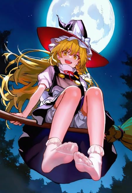 (ningenmame:0.95),(ciloranko:0.95),(shosho_lwlw:0.95),(tianliang_duohe_fangdongye, as109:0.9), 1girl, solo, kirisame marisa, touhou, blonde hair, long hair, braided sidelock, yellow eyes, witch hat, hat bow, white bow, black tabard, white turtleneck sweater, neck ribbon, red ribbon, black skirt, white bloomers, broom riding, foot focus, foreshortening, soles, :d, night, full moon, darkness, treetops, best quality, amazing quality, very aesthetic, absurdres,( see-through socks), toes