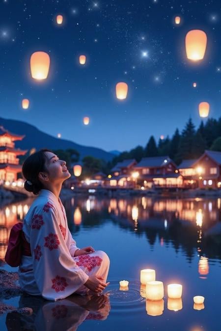 The image depicts a serene night scene featuring a young woman in traditional Japanese attire (kimono), sitting by the water. She is gazing upwards at glowing lanterns floating in the sky, which gives the scene a peaceful and dreamlike atmosphere. The night sky is filled with stars and a soft glow from the lanterns, reflecting on the calm water surface. In the background, there are traditional pagoda-style buildings illuminated by soft, warm lights, adding to the tranquil ambiance. The woman appears to be in a contemplative or spiritual moment, with small lanterns also floating on the water near her, contributing to the overall peaceful and reflective mood of the image. ,   <lora:makinaflux_aragakiyui_v1.0:1>