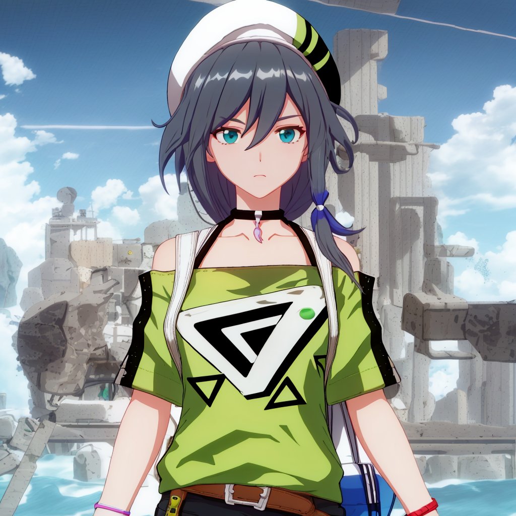 belt, shorts, bag, shoes, off shoulder, watch, choker, sunglasses, button badge, collarbone, t-shirt, multicolored hair, black choker, black pants, wristband, off-shoulder shirt, bangs, hair flaps, hair between eyes, grey hair, fu hua, green shirt, sneakers, short sleeves<lora:符华-执事-春风-2.0:0.8>