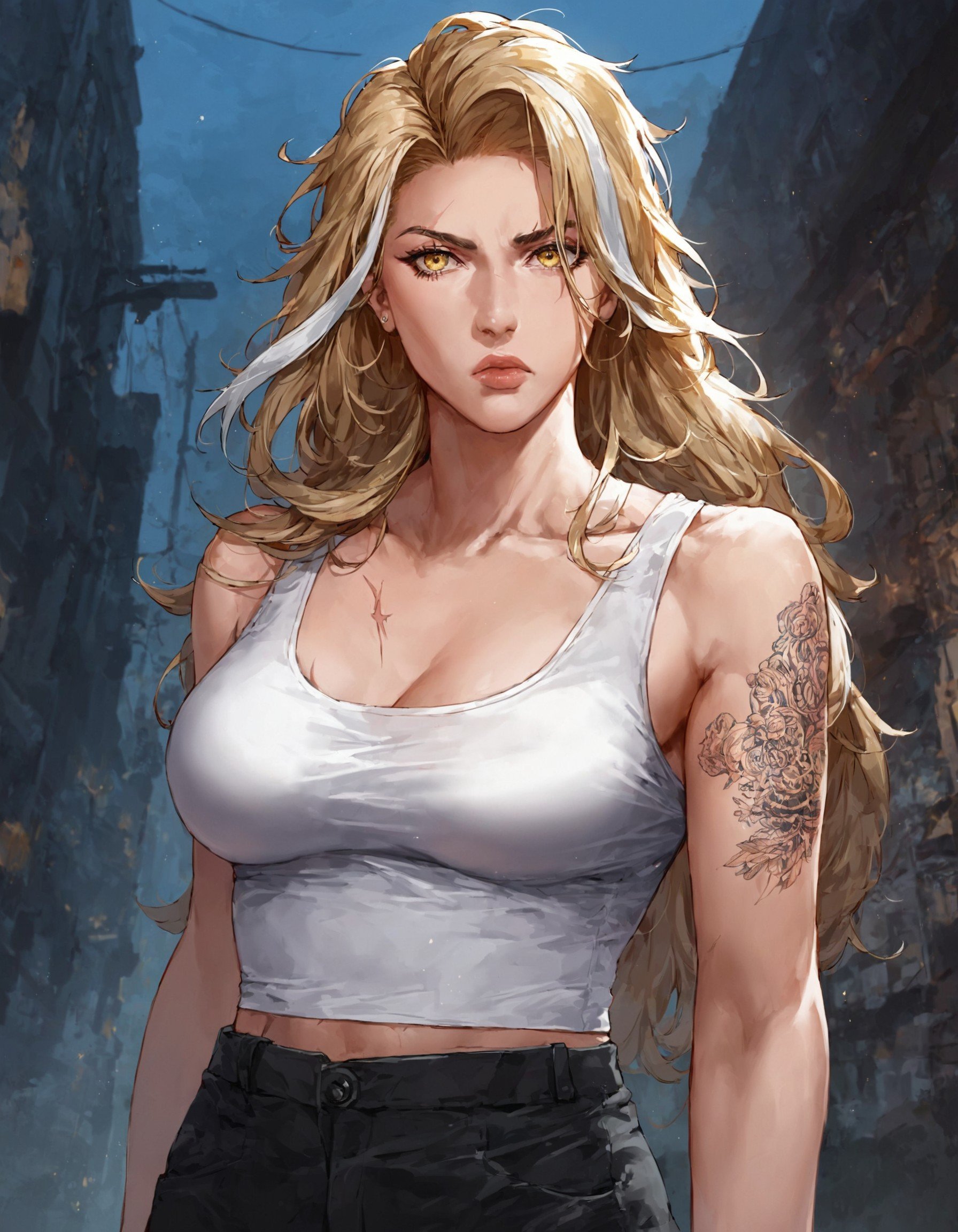 (score_9, score_8_up, score_7_up), (source_anime), masterpiece, Dutch angle, cowboy shot, StylePTN, 1girl, solo, mature female, long hair, lips, yellow eyes, scars, (glowing yellow eyes), blonde hair, (silver streaked hair), multicoloured hair, tank top, crop top, shoulder tattoos, tattoos, black pants, streets, science fiction, mysterious, close up, upper body, serious stare, dark themes, night, <lora:262b4ab8-59c9-4236-a286-9b7fe4d5d4dc:0.7>