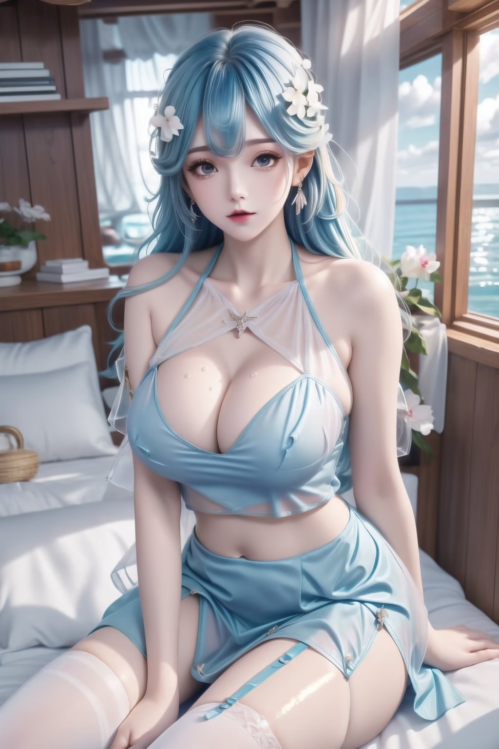 kneeling,looking at viewer,sky,cloud,day,blue sky,water,stone,loudy sky,1girl, breasts, solo, jewelry, navel, cleavage, earrings, sitting, curtains, looking at viewer, blue hair, indoors, long hair, skirt, large breasts, midriff, bed, see-through, blue skirt, window, crop top, thighhighs, white thighhighs, bare shoulders, collarbone, bangs, bedroom, on bed, red lips, lips, grey eyes, pillow, lamp, garter straps, thighsnail polish,photo_\(medium\),makeup,(8k, RAW photo, best quality, masterpiece:1.2),realistic,photorealistic:1.3,ultra-detailed,extremely detailed cg 8k wallpaper,(crystalstexture skin:1.2),extremely delicate and beautiful,(shiny_skin:1.4),<lora:幻梦2号_朵莉亚网图_1.0:0.8>,