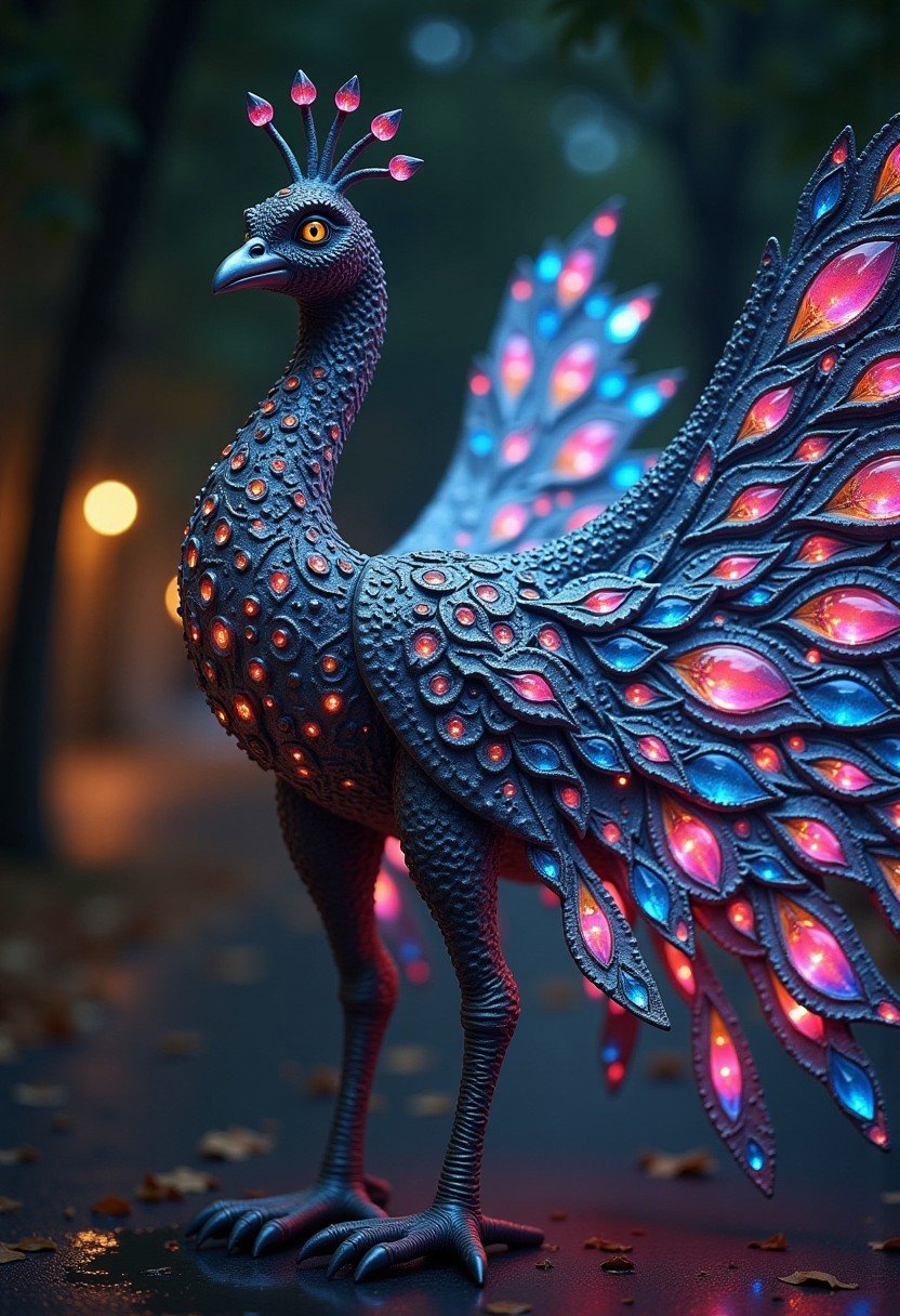 hyperdetailed ultra-detailed realistic,  extremely detailed best quality, reality-shot, realism, realistic photography of a an elaborate, Enormous peacock made of neon wires, and glowing multicolored gemstones, intricate details, ultra sharp, exquisite detail, flawless composition, vivid colors, masterpiece, exciting background. , High Definition HD, High Detail, Perfect Composition, dark fantasy movie, cowboy shot,  bokeh