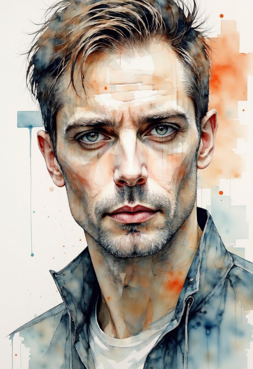 A watercolor painting of a beautiful man portrait.Paul Lovering style. by Adel_AI on Tensor.Art