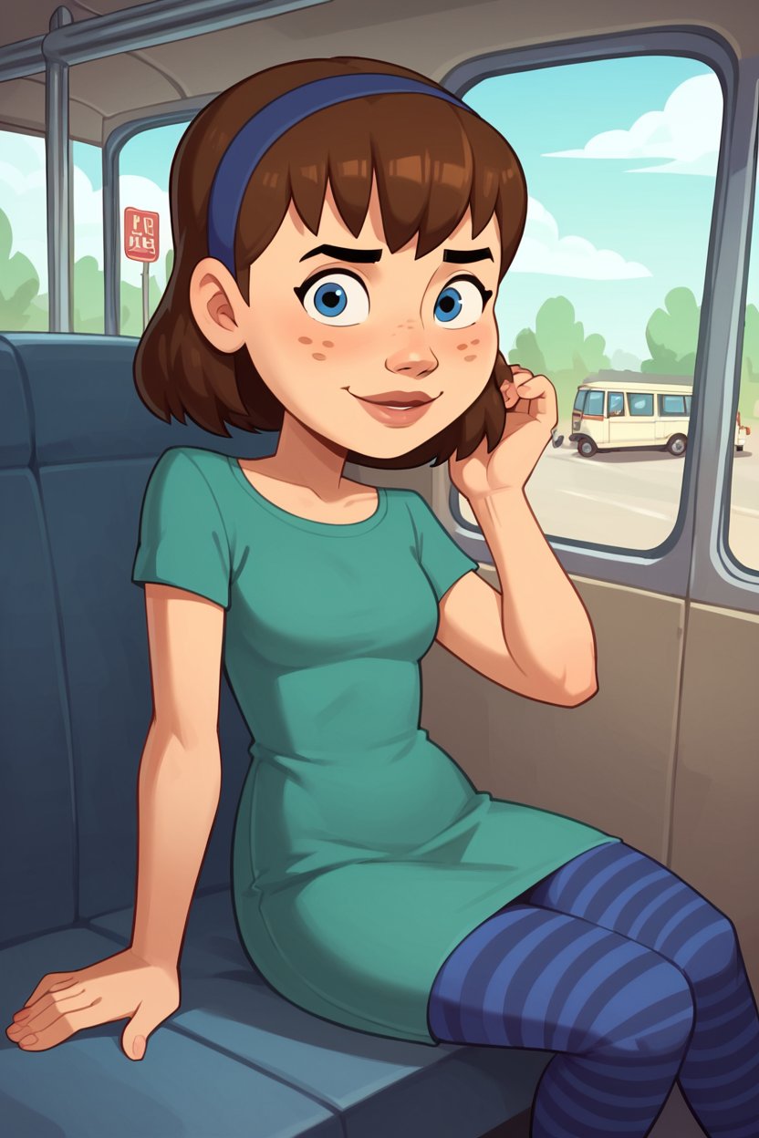 HDA_MasterpieceXL_v.1, (bus:1.2), sitting, looking out window, playing with hair, hand in hair, psajess, brown hair, hairband, blue eyes, freckles, 1girl, <lora:Jess-000003:1>, small tight dress, striped leggings, 