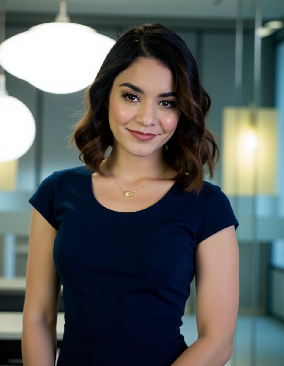 This is a high-resolution photograph featuring a young woman with medium-length, wavy dark brown hair styled in loose curls that frame her face. She has light brown skin and is wearing a simple, short-sleeved, navy blue dress that fits snugly, accentuating her slender physique. Around her neck, she wears a delicate, gold necklace with a small pendant. Her expression is neutral, with a slight hint of a smile on her lips, and her dark brown eyes are focused directly at the camera, giving a sense of engagement.The background is slightly blurred but clearly shows an indoor setting with a modern, minimalist design. Large, round white pendant lights hang from the ceiling, emitting a soft glow that creates a warm ambiance. The walls are made of glass, allowing the lights to reflect, adding a subtle, ethereal effect. The overall color scheme is cool, with the dominant colors being shades of blue and white. The setting suggests an office or a professional space, possibly a conference room or a corporate office environment. The image captures a moment of calm and professionalism, with the subject's attire and posture reflecting a poised and confident demeanor.,Vanessa_Hudgens, <lora:Vanessa_Hudgens_Flux_V1:1>