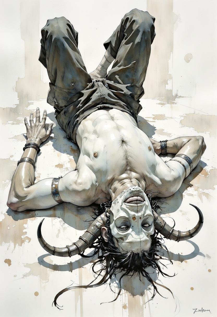 a watercolor painting of a man laying on his back with his head down,  cow horns,  grayscale by Adel_AI on Tensor.Art
