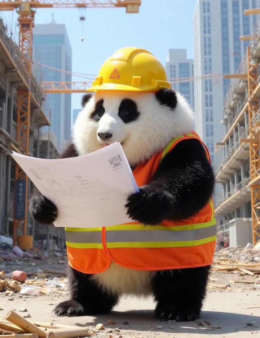 The image is a high-resolution photograph of a charming panda named Huahua, depicted standing on a bustling construction site. Huahua has her distinctive black and white fur, and she is dressed in a bright yellow construction helmet and a reflective safety vest, adding to her professional appearance. The helmet has a small logo on the front, and the vest is detailed with reflective stripes, creating a realistic construction look.Huahua's round, chubby body is covered in thick, soft fur, with black patches around her ears, eyes, and legs. Her expression is one of serious focus and determination, with her brows slightly furrowed and her eyes looking intently at the blueprints she holds in her paws. Her posture is strong and confident, with her legs slightly apart and her head slightly tilted as she examines the plans.The background features a busy construction site with cranes, scaffolding, and partially built structures, adding to the dynamic and industrious atmosphere. Various construction materials and tools are scattered around, creating a sense of activity and progress. The lighting is bright and natural, indicating a sunny day, which casts clear shadows and highlights the details of Huahua’s fur, helmet, and vest.The overall composition of the image focuses on Huahua, making her the primary subject and capturing the unique and whimsical nature of a panda as a dedicated and serious construction site architect, blending her cute appearance with the industrious spirit of building and designing.,huahua, <lora:huahua_panda_Flux_V1-000002:1>