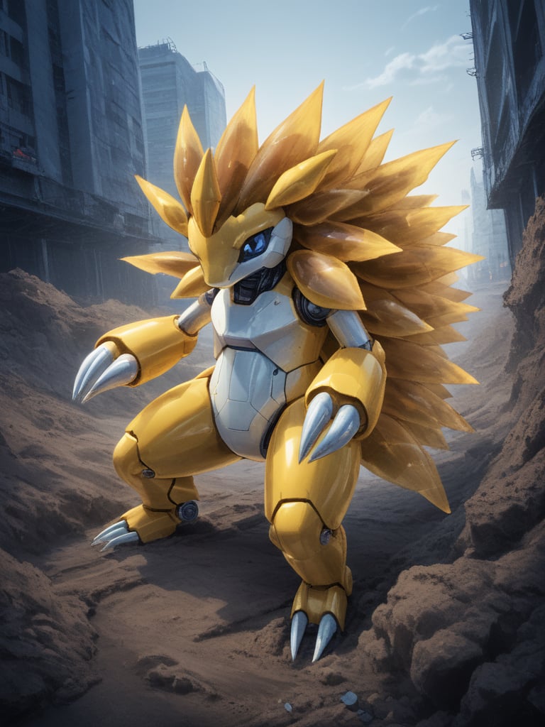 intricate details, extreme detail, Detailed face, beautiful, Expressive,very aesthetic, colorful, lots of small parts, surreal, abstract,ruined city, mecha, robot,translucent, (Bioluminescence:1.2), transparent armor,<lora:Sandslash:1> Sandslash, quills, claws, yellow body, white stomach, pokemon (creature) || Blue eyes,