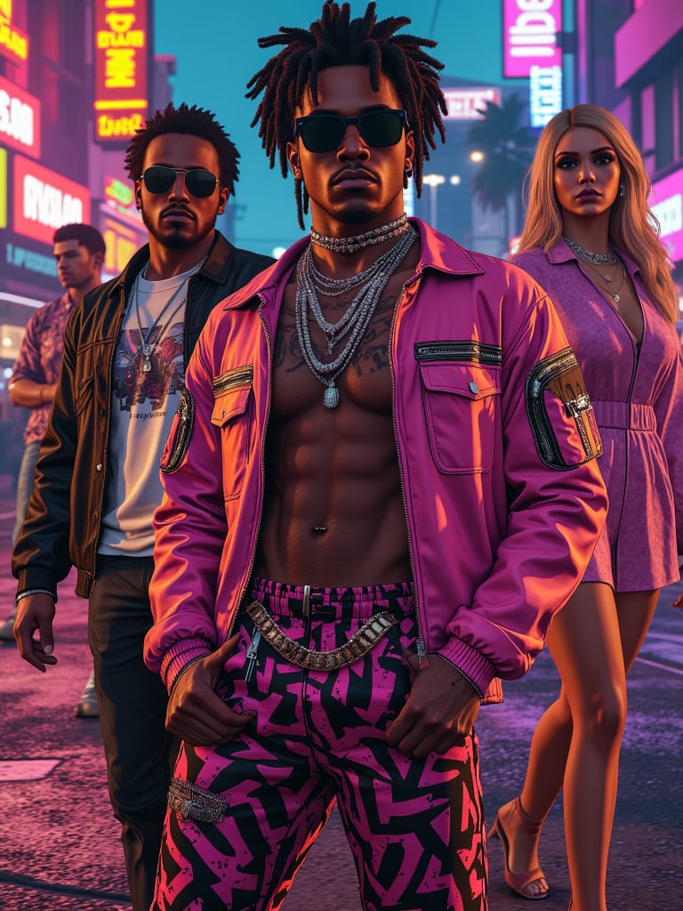 Vibrant GTA 5-inspired urban scene, bustling streets, neon lights, diverse group of men and women showcasing latest FiveM roleplay server clothing update, featuring modern, stylish outfits with intricate details, trendy designs, and vivid colors, mix of casual wear, formal attire, streetwear, and accessories, emphasizing dynamic energy.