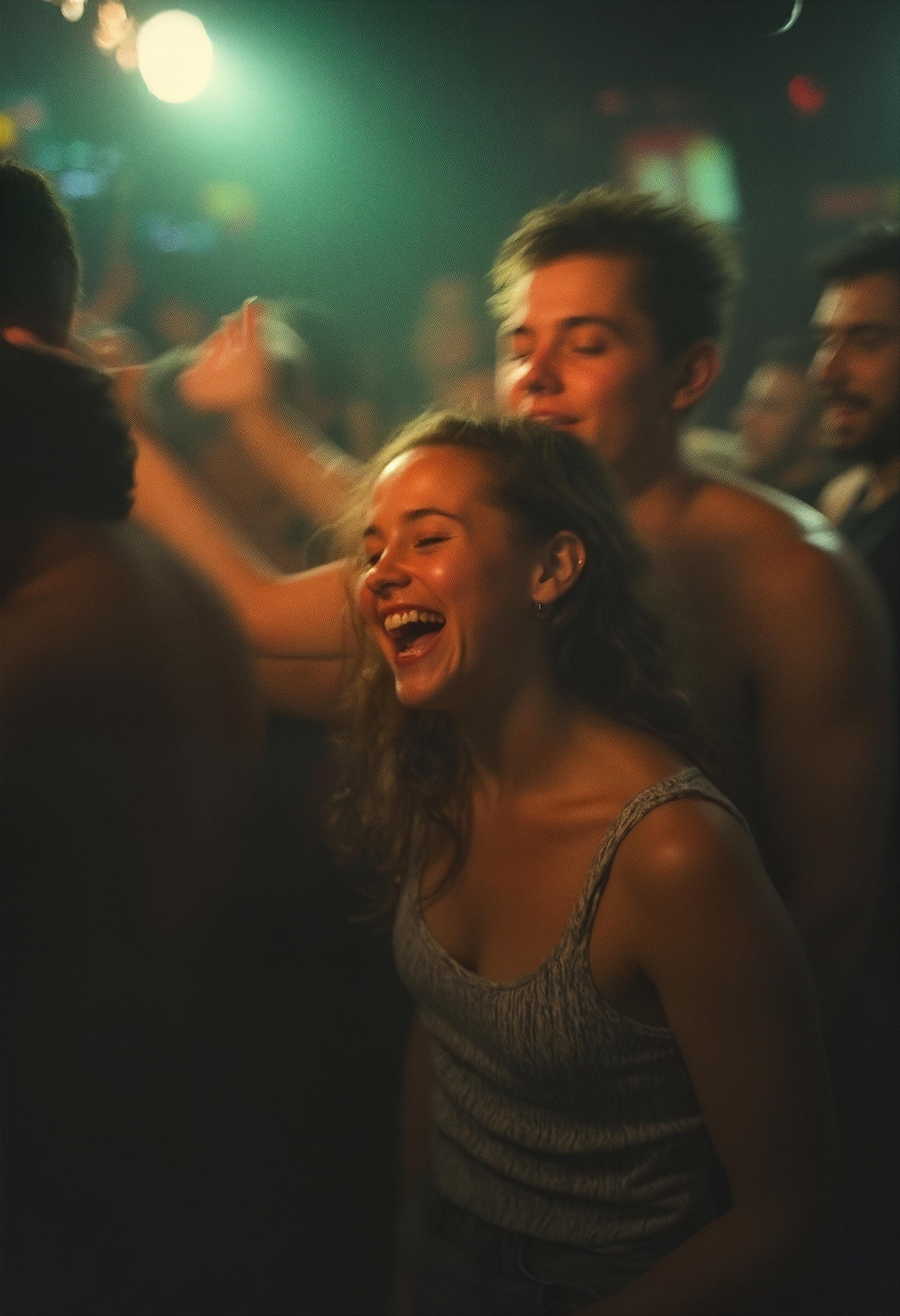 A point-and-shoot flash photograph shows a blurry image of a guy and a girl laughing exuberantly in a crowded bar. The girl’s face is partially illuminated by the flash, showing her wide smile, while the guy’s face is mostly obscured but visible in the background. The bar’s interior is indistinct and swirled with lights, adding to the chaotic, joyful atmosphere. Grainy, grain, film grain, candid, high contrast, film burn, analog texture, partial, off-centered, asymmetrical, highlight bloom, filmic glow, blown-out highlights, herbstphoto, herbst photo. <lora:realism_lora:1.0> <lora:Herbst_Photo_Extra_Texture-0000020:2.0><lora:Herbst Photo Lora Test_00476_:0>