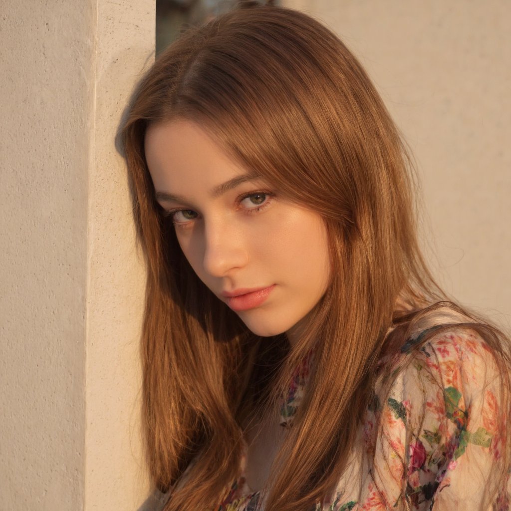 A portrait of dasha_taran with long, straight, golden-brown hair. She is captured in a candid moment, leaning against a white, textured wall. The woman's gaze is direct and intense, and she wears a floral-patterned blouse. The background is blurred, emphasizing the subject. The lighting is soft and natural, casting a warm glow on her face and hair. The image conveys a serene and contemplative mood.