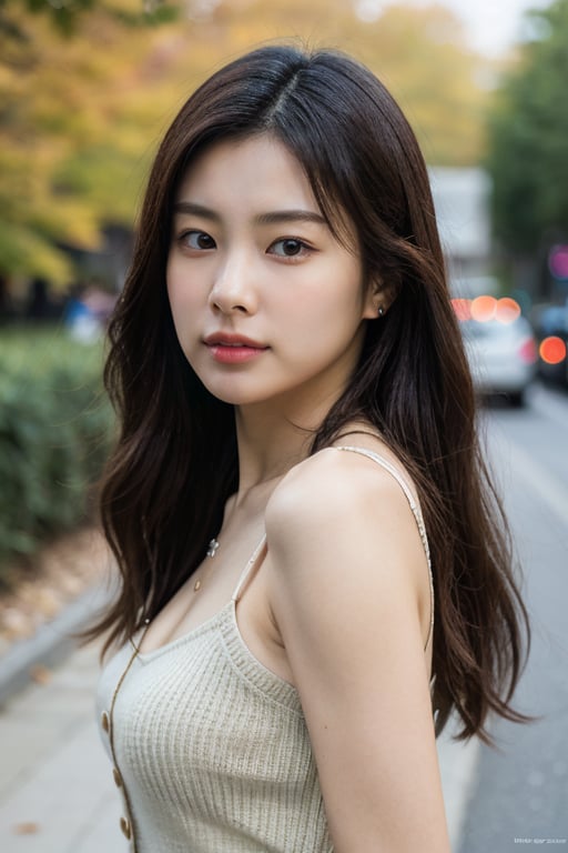 masterpiece, best quality, ultra-detailed, ultra high res, (photorealistic:1.4), raw photo, (realistic:0.2), 8k HDR, realistic cool temperature lighting, (asian:0.2), 1girl, solo, asymmetrical hair, outdoor, day, (simple background:1.2), bokeh, (detailed lips), (detailed pores), (detailed skin textures), (detailed face:1.2), (upper body:1.2), a woman in a cardigan, promotional image, a character portrait, (thigh gap:1.2), 