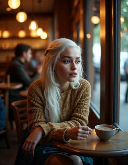 <lora:GOTemiliaClarkeQuiron_FLUX:1.7> GOTemiliaclarkeQuiron, a woman with white hair, Emilia clarke as Daenerys targaryen in hbo's 'game of thrones',   a woman, In the cozy ambiance of a corner café, with the aroma of freshly brewed coffee and the murmur of hushed conversations, a cinematic photo captures a moment of urban solitude. Full body shot focus, Photorealistic portrait in breathtaking detail, photo scanned at ultra-high resolution, inspired by Helmut Newton and Peter Lindbergh. Warm, inviting light, intimate café backdrop, an expression of contented solitude, light makeup with a soft, pink lip, hair cascading in loose waves, wearing a comfortable cashmere sweater, a pleated midi skirt, and ankle boots, reflecting the casual elegance of city life. 35mm photograph, film, bokeh, professional, 4k, highly detailed., closeup, realistic, beautiful, emotional, shiny, rich, glowing color, intricate, elegant, amazing composition, ambient, dynamic vivid colors, epic, best, gorgeous, stunning, perfect, healthy, magical atmosphere, creative, positive, unique, vibrant, confident, pure, attractive, cute, friendly, thought, iconic, cool, awesome, lovely, fabulous, fantastic, full, outstanding,  at Amityville House