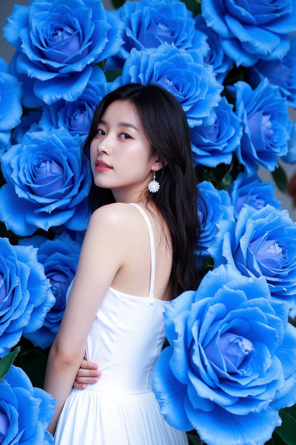 The image showcases a young korean woman. She is positioned against a strikingly vibrant cornflower blue background, which is filled with large blue roses. The blue roses dominate the composition, adding a dramatic and intense contrast to her skin tone and overall appearance.The woman is dressed in white sleeveless bohemian dress, which drapes softly over her shoulders, leaving her upper back and one shoulder exposed. Her expression is calm and slightly mysterious, with her gaze directed slightly to the side, away from the camera. The large blue roses, some of which overlap with her figure, create a dreamy and surreal atmosphere, as if she is blending into or emerging from the floral background., <lora:flux_realism_lora:1>, <lora:makinaflux_hanhyojoo_v1.0:1>