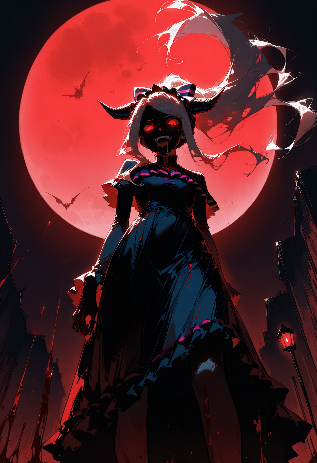 dino_(dinoartforame), masterpiece,best quality,very aesthetic,newest, 1girl, overlord \(maruyama\), shalltear bloodfallen, original, floating hair, dress, gesugao, from below, looking down, glowing eyes, red eyes, backlighting, night, dark, moon, blood, fangs, red theme, perspective,