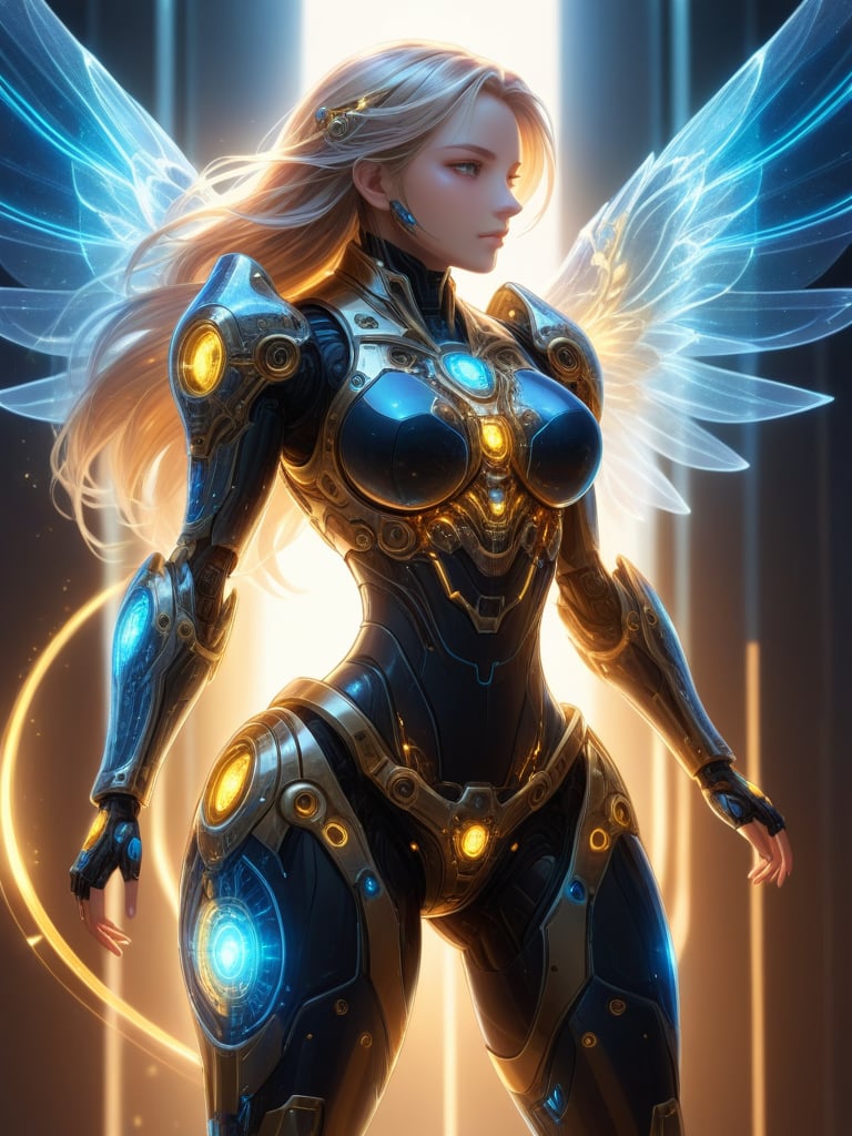 score_9,score_8_up,score_7_up,glowing lines, holo, halo, angelic, combat pose,(Solo), humanoid mecha, transparent windows that show ultra detailed gears, female, aerodynamic, beautiful, golden accents, mantellic blue and black armor, long hair, Detailed face, Detailed eyes, detailed face,very aesthetic, intricate details,abstract, beautiful, Expressive,dynamic lighting, ray tracing, extreme contrast,