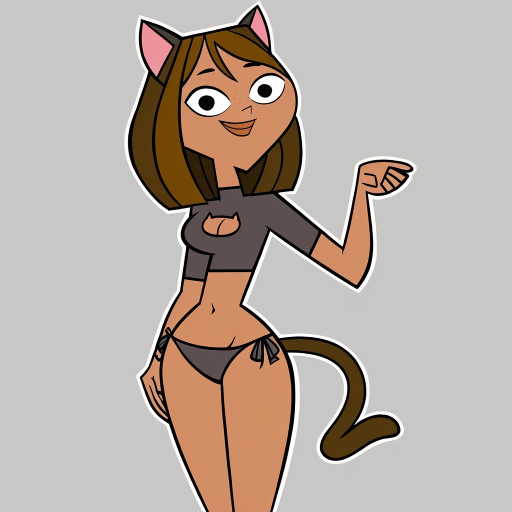 <lora:CourtneyPony:0.85>, Courtney, 1girl, brown hair, solo, smile, dark skin, black_eyes, freckles, dark-skinned female, long hair, short hair, cat ears, cat tail, cat girl, bikini, cleavage cutout, navel, white outline, looking at viewer 