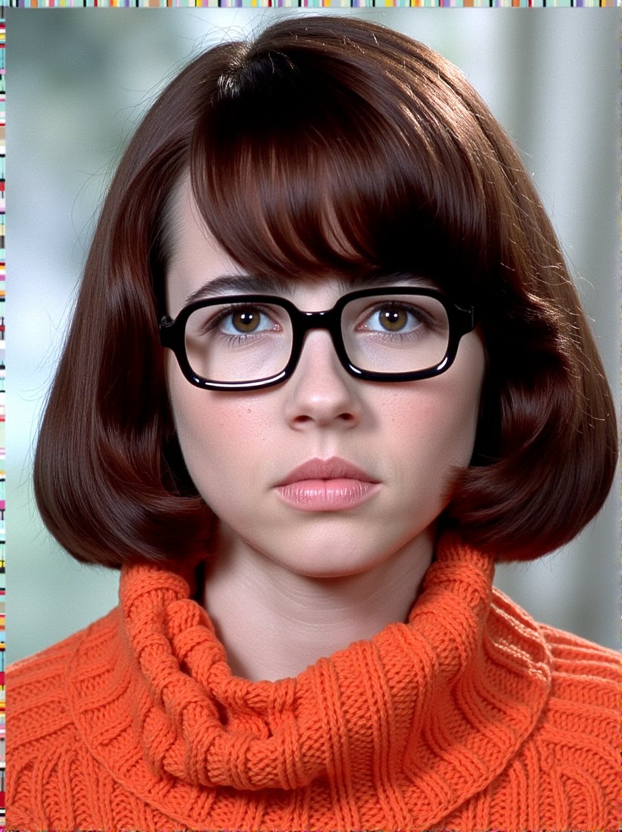 This is a high-resolution photograph of a young woman with a distinctively vintage, 1960s aesthetic. She has a fair complexion and a short, voluminous bob haircut with straight, chestnut brown hair. Her bangs are blunt-cut and frame her forehead. She wears large, black, rectangular glasses that sit slightly askew on her face, giving her a slightly disheveled appearance. Her expression is neutral, with slightly pursed lips and a slightly downward gaze, suggesting a contemplative or thoughtful mood.The woman is dressed in a bright orange, knitted turtleneck sweater, which has a textured, chunky knit pattern. The sweater appears to be slightly oversized, adding to her retro look. The background is blurred but suggests an indoor setting with soft, diffused light, possibly indicating a studio environment. The lighting is even and natural, highlighting the details of her skin and hair. The overall style of the photograph is reminiscent of classic black-and-white film photography, with a focus on the subject's face and attire, emphasizing the retro fashion and vintage charm of the image. Velma,<lora:Velma_Flux_V1:1>