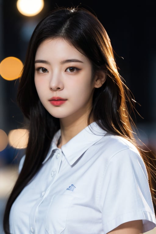 masterpiece, best quality, ultra-detailed, ultra high res, (photorealistic:1.4), raw photo, (realistic:0.2), 8k HDR, realistic lighting, 1girl, solo, (asian:0.2), asymmetrical hair, outdoor, night, (simple background:1.4), bokeh, (detailed lips), (detailed pores), (detailed skin textures), (detailed face:1.2), (upper body:1.2), a woman in a white collared shirts, promotional image, a character portrait,