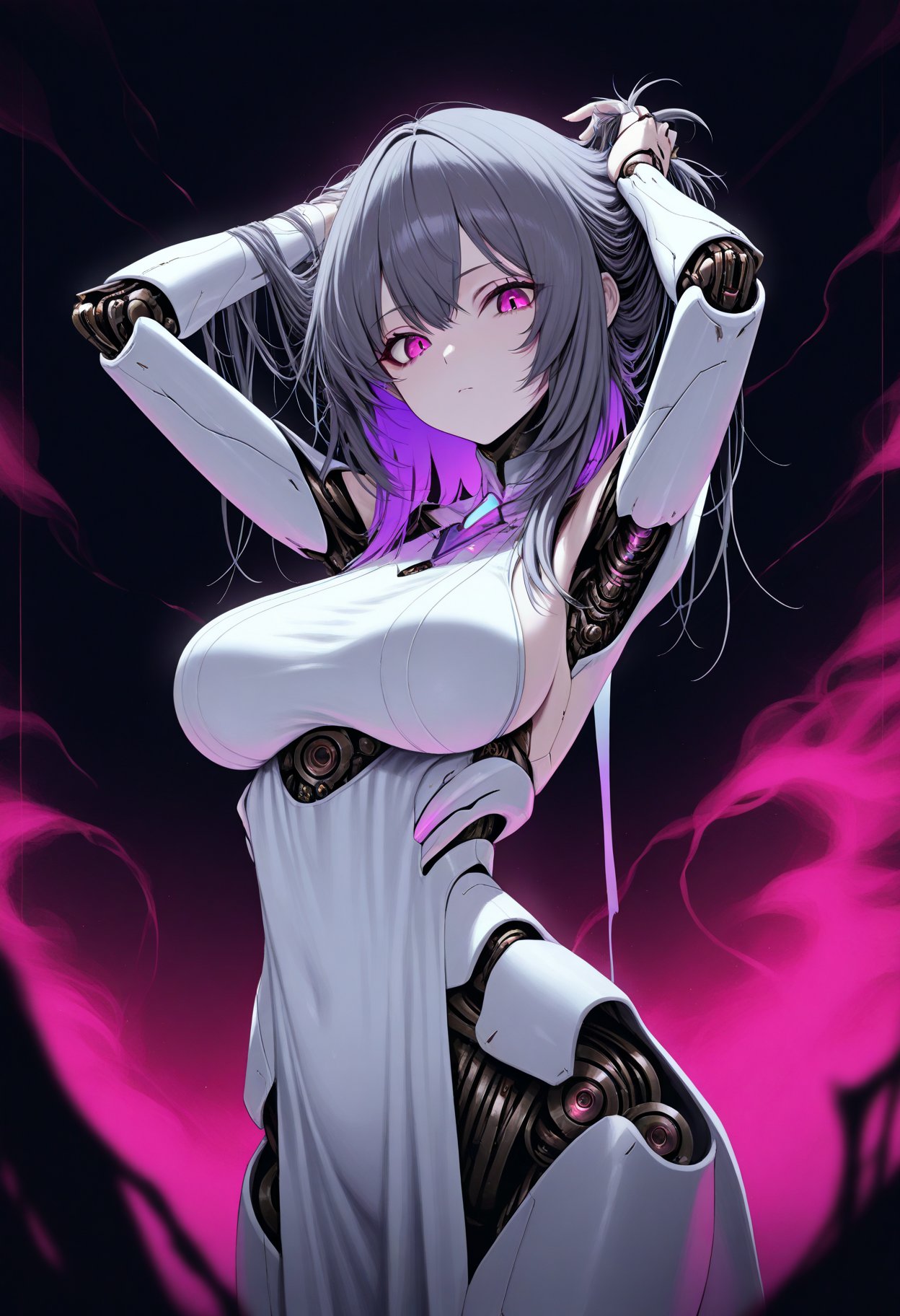 beast_quality,masterpiece,8k,1girl,solo,looking at viewer,large_breasts,dark gray hair,medium_hair,semi-mechanical girl,hair exudes a dark purple glow,hair with red smoke,white mist,hands on the hair,grab the hair,pulli,