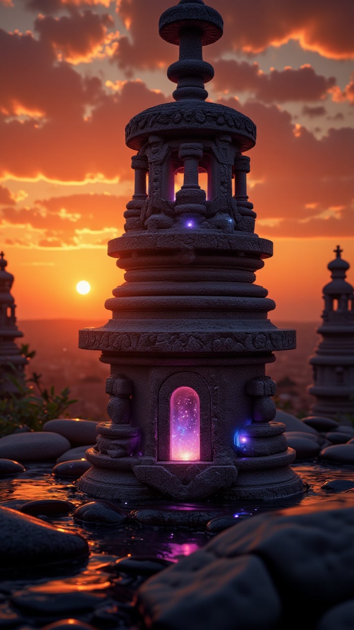 A Creative thar amphala, with its Fur-Trimmed carvings and Narrow Sapphire Oil, stands large in the heart of an ancient temple. The sun is setting, casting a Abstract orange glow over the landscape. aidmaglow