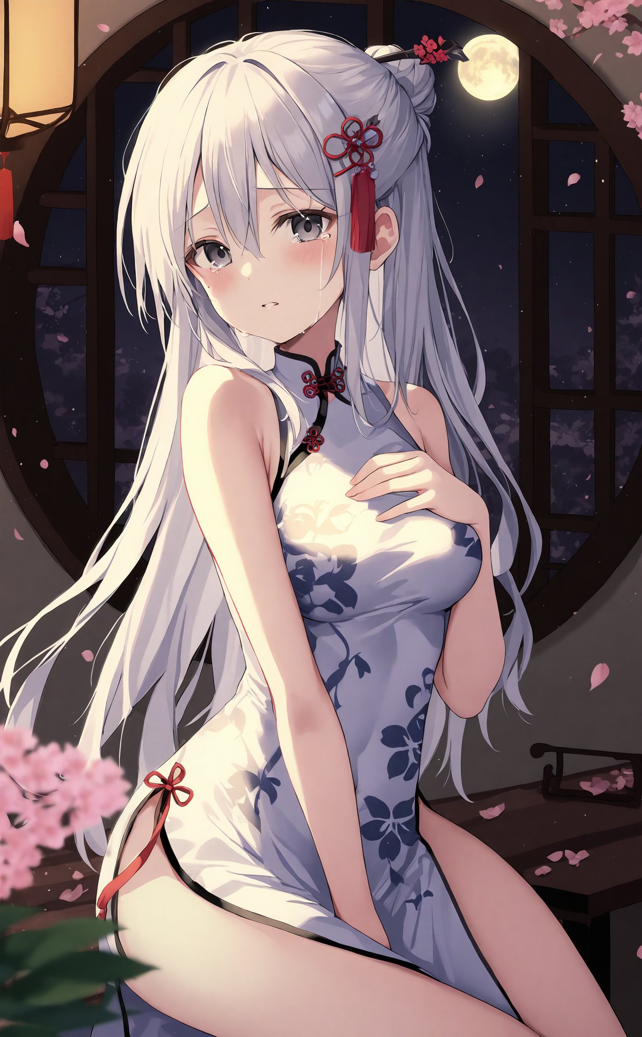 masterpiece,best quality,high quality,(colorful),loli,1girl, chinese clothes, china dress, dress, solo, hand on own chest, long hair, hair ornament, looking at viewer, sitting, white dress, white hair, between legs, sleeveless, pelvic curtain, breasts, hair stick, thighs, round window, sleeveless dress, parted lips, bare shoulders, hand between legs, cherry blossoms, bare arms, petals, very long hair, mole under eye, lantern, flower knot, red ribbon, lattice, night, window, mole, hair bun, tears, ribbon, hair between eyes, blush, water drop, side slit, print dress, blurry, medium breasts, hairpin, crying, floral print, single hair bun, crying with eyes open, depth of field, hand up, sidelocks, half updo, falling petals, flower, blurry foreground, paper lantern, grey eyes, plant, moon, indoors, black eyes, tassel, tassel hair ornament