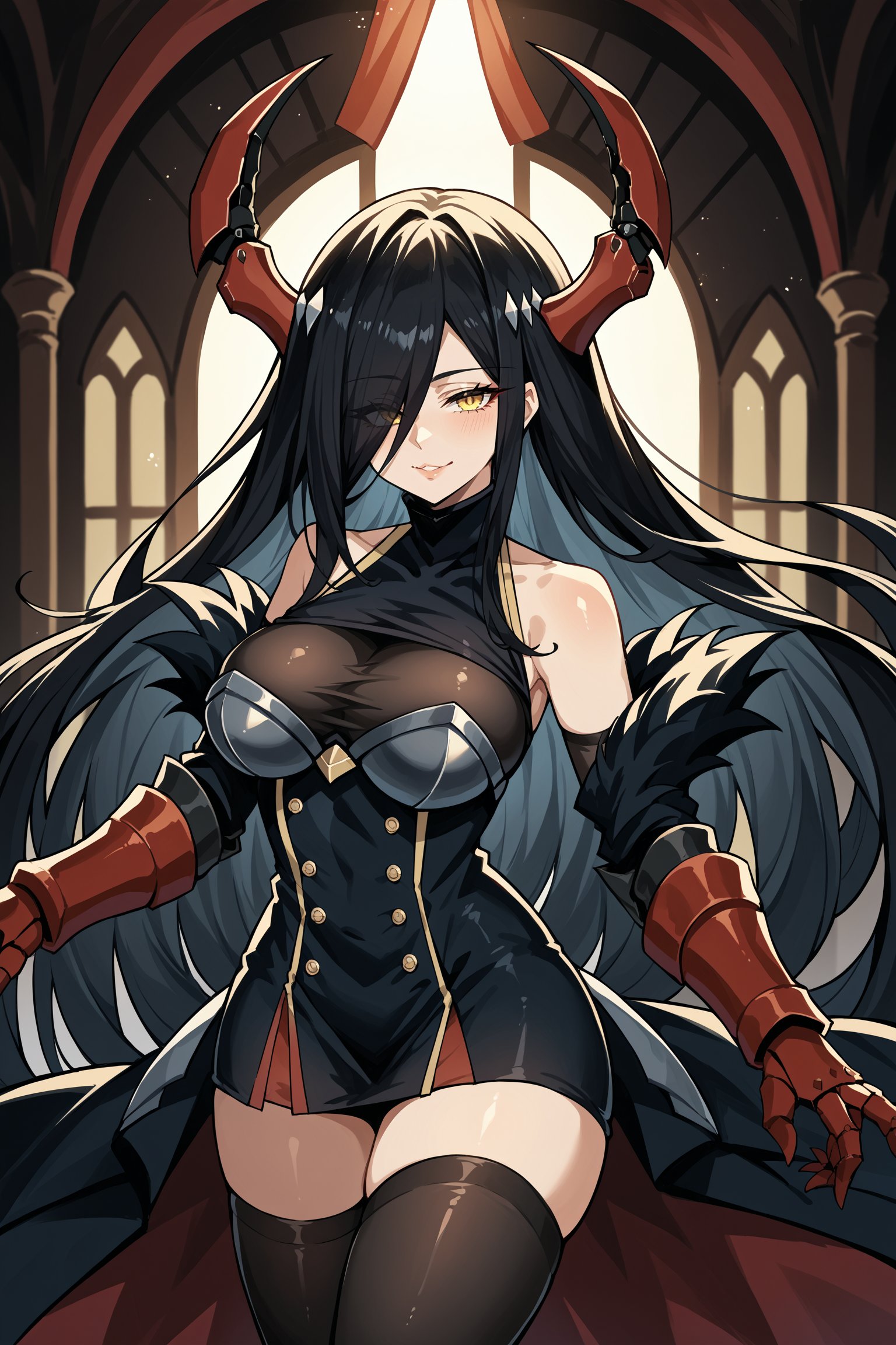 score_9, score_8_up, score_7_up, , rating_general ,1girl ,yellow eyes, hair over one eye, very long hair, black hair, red mechanical horns, detached collar, bodystocking, black microdress, double-breasted, fur-trimmed black sleeves, red mechanical gauntlets, floating overcoat, black thighhighs, armored black boots,  indoors, source_anime, <lora:FriedrichDerGrossePDCAMEq4v1.1 AL:1>, cowboy shot, abstract, spotlight, naughty face,  