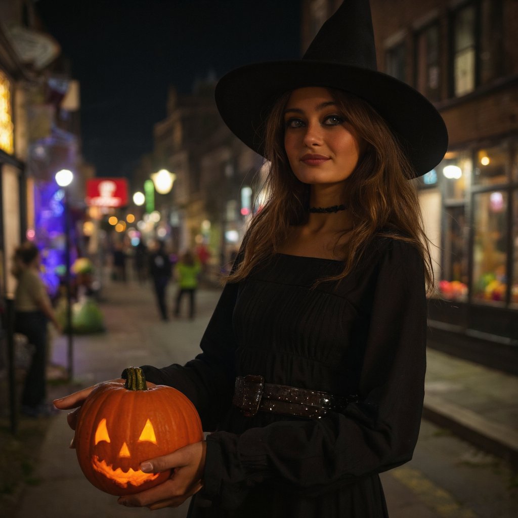 A realistic photo of the beautiful ella_purnell dressed as a Halloween witch, standing on a dimly lit street at night looking at the Viewer. she is holding a glowing halloween pumpkin. The Background is a blurry small town at night, decorated for halloween