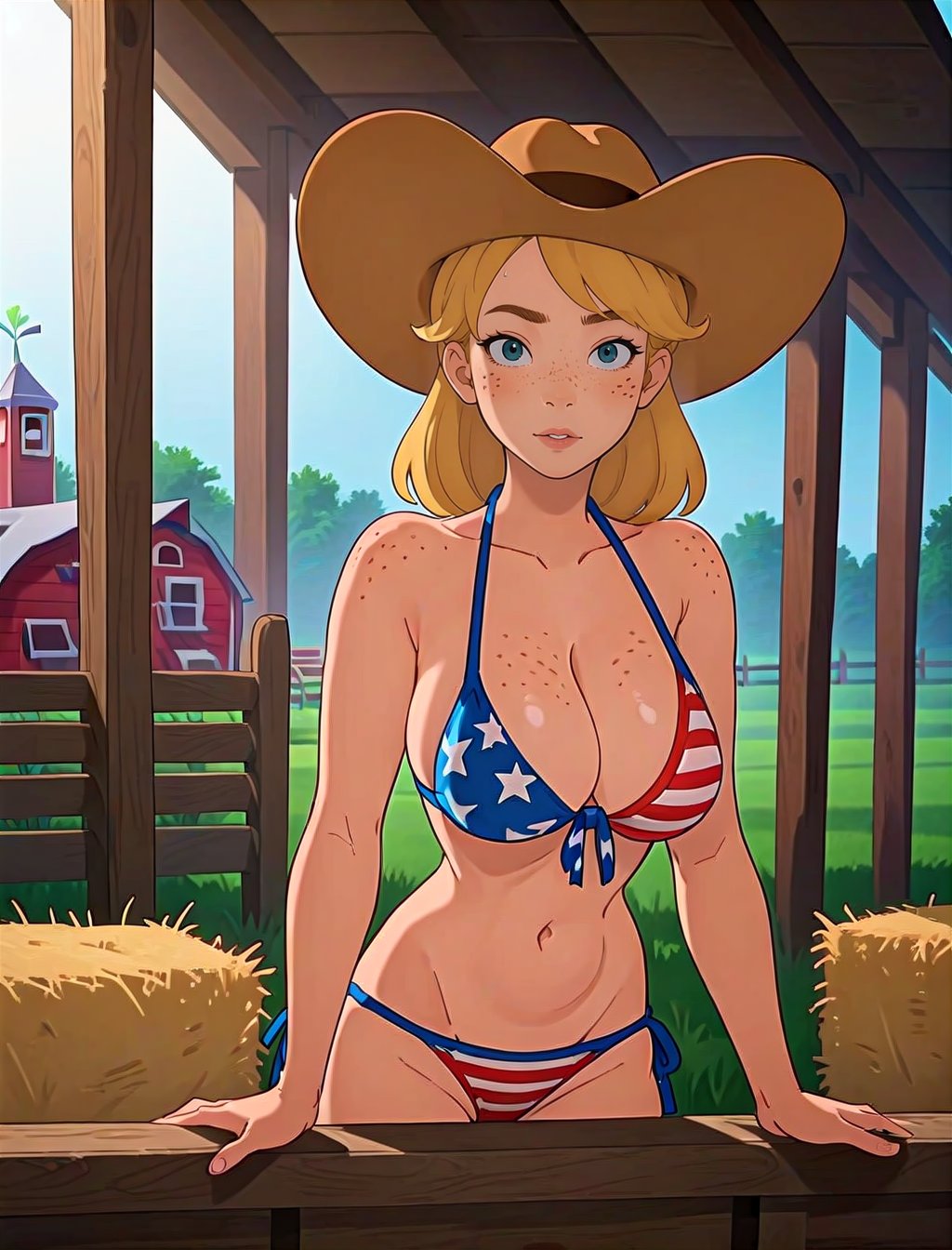 score_9,score_8_up,score_7_up, 1girl, bikini, body freckles, american flag bikini, cleavage, freckles, large breasts, looking at viewer, pale blonde hair, solo, cropped legs, cowboy hat, straw hat, stable, barn <lora:GemAnimePony:1>