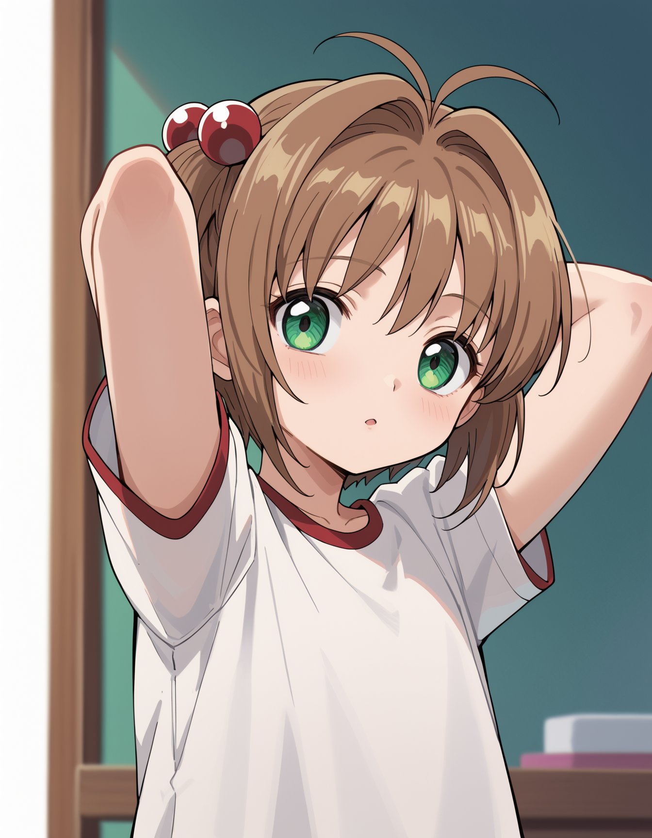 zPDXL2, score_9, score_8_up, score_7_up, score_6_up, score_5_up, score_4_up, source_anime, 1girl, solo, child,<lora:Sakura-27:0.8> SakuraPony, green eyes, brown hair, short hair, antenna hair, hair intakes, flat chest, hair bobbles,STANDING, upper body, looking at viewer, arms behind head, suprised