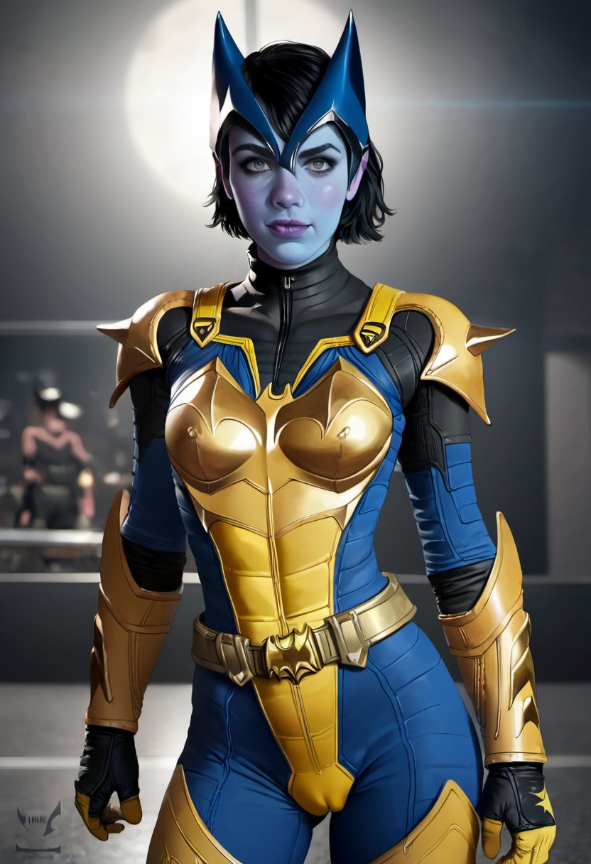 zPDXL, zPDXLxxx, BREAK <lora:nikki_gold:0.9>, nikki gold, 1girl, batgirl outfit, black chest armor, armored pants, solo focus, blue headwear, short hair, colored skin, grey blue skin, grey eyes, realistic, black hair, cowboy shot,  black shoulderpads, looking at viewer