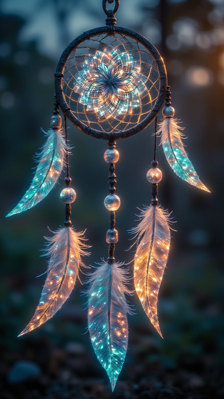 Intricate details of a dreamcatcher, feathers and beads, macro photography, natural light, high detail, soft background blur  , aidmaglow