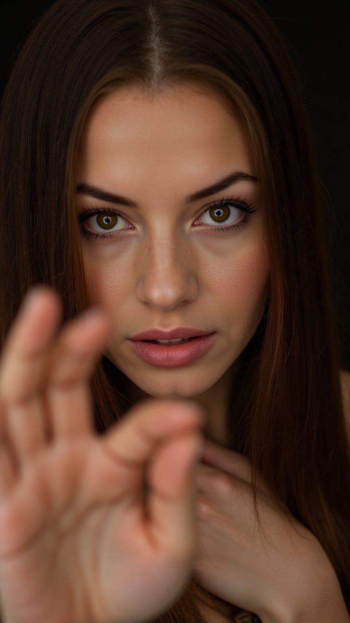 portrait, close up of a In this stunning portrait, a woman with long brown hair and bright green eyes gazes intently at the viewer. Her expression is one of intense concentration as she holds onto her hand in front of her. aidmaRealisticPeoplePhotograph