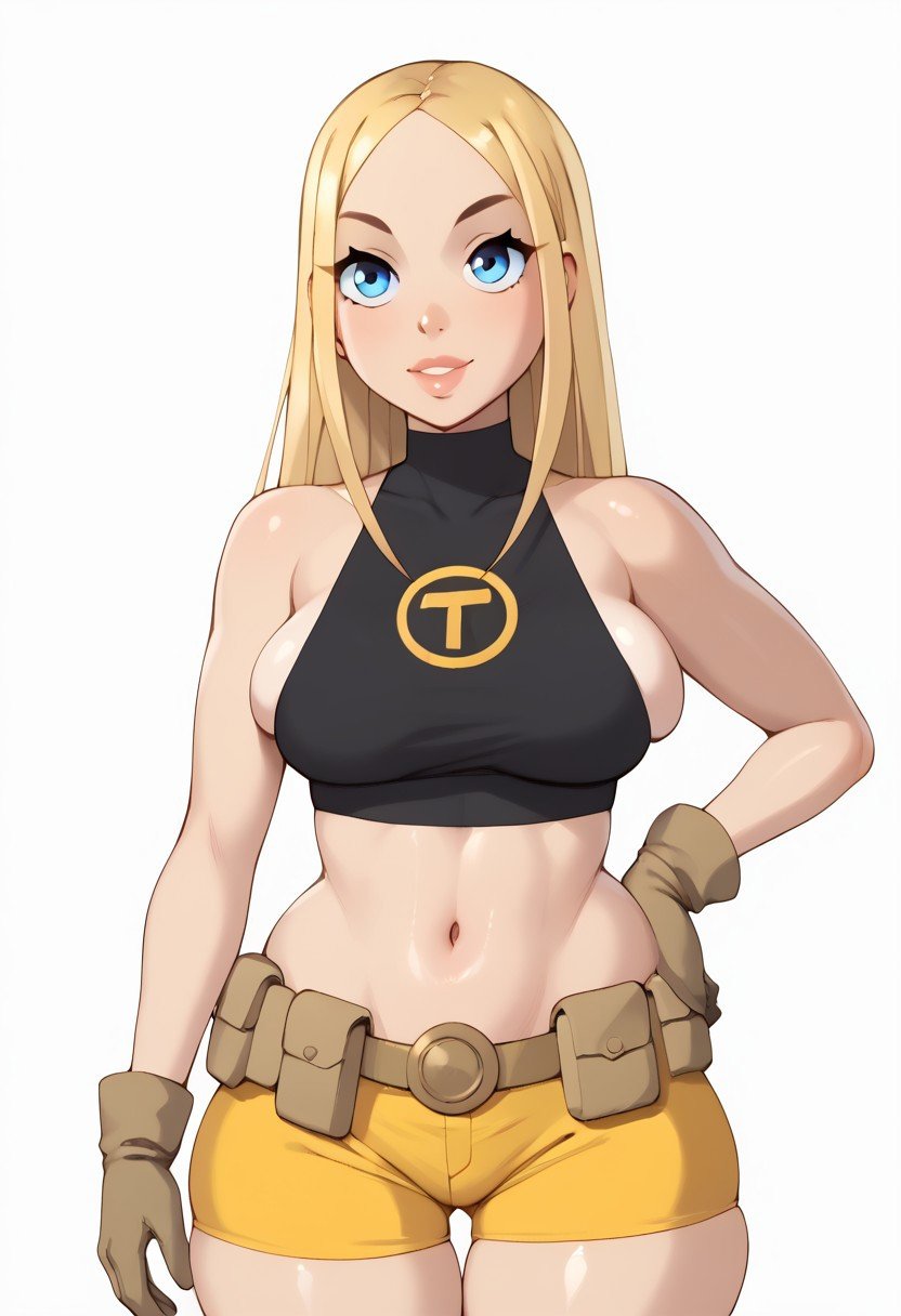 score_9, score_8_up, score_7_up, deep skin, shiny skin, skindentation, source_anime, high quality, highres, (curvy), ((((wide hips)))),, thick thighs, cute, , sexy, huge breasts, TerraTT, TerraSDXL, 1girl, blonde hair, long hair, blue eyes, forehead, parted bangs, black shirt, sleeveless, sideboob, turtleneck, midriff, navel, yellow shorts, biker shorts, brown belt, brown gloves, skintight shirt, solo,