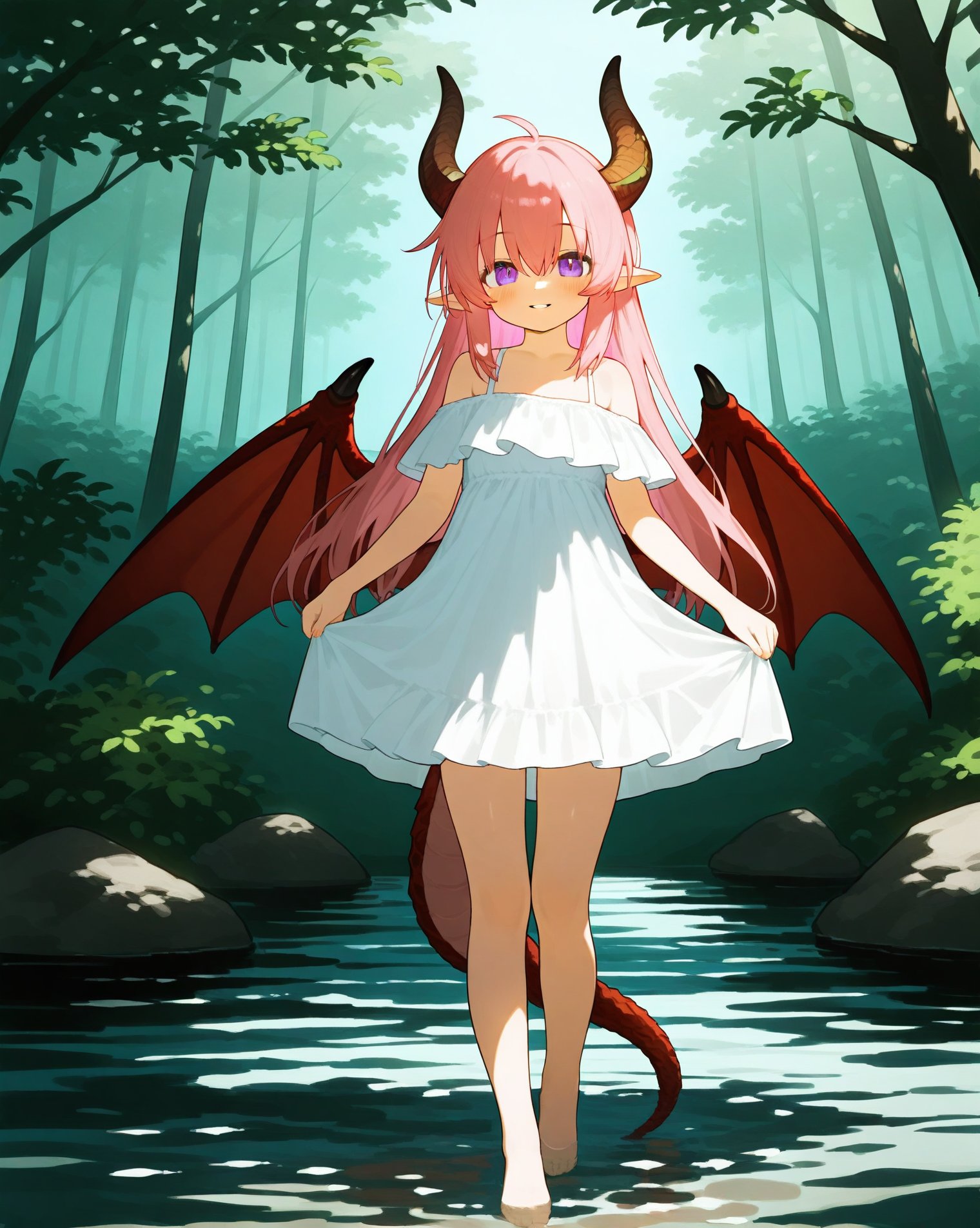 1girl,tail,solo,wings,horns,dress,pink hair,barefoot,white dress,dragon tail,purple eyes,long hair,pointy ears,outdoors,looking at viewer,dragon girl,full body,standing,bare shoulders,tree,dragon horns,off shoulder,hair between eyes,bangs,nature,water,dragon wings,parted lips,day,off-shoulder dress,blush,forest,smile,, best quality,amazing quality,very aesthetic,absurdres,beast quality,masterpiece,