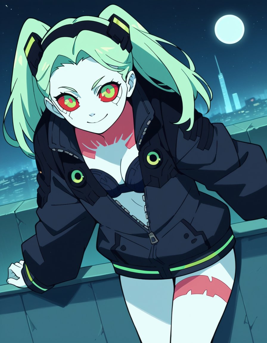 score_9, score_8_up, score_7_up, source_anime,cyberpunkrebecca, <lora:cyberpunk-rebecca-s1-ponyxl-lora-nochekaiser:1>,rebecca, long hair, green eyes, green hair, colored skin, colored sclera, white skin, red sclera, artificial eye, mechanical eye, cyborg, red pupils,twintails, underwear, jacket, hairband, bra, black jacket, tattoo, black hairband, black bra, leg tattoo, partially unzipped, neck tattoo,outdoors, cityscape, night, moon, bent over, smile,looking at viewer, cowboy shot, solo, dutch angle,