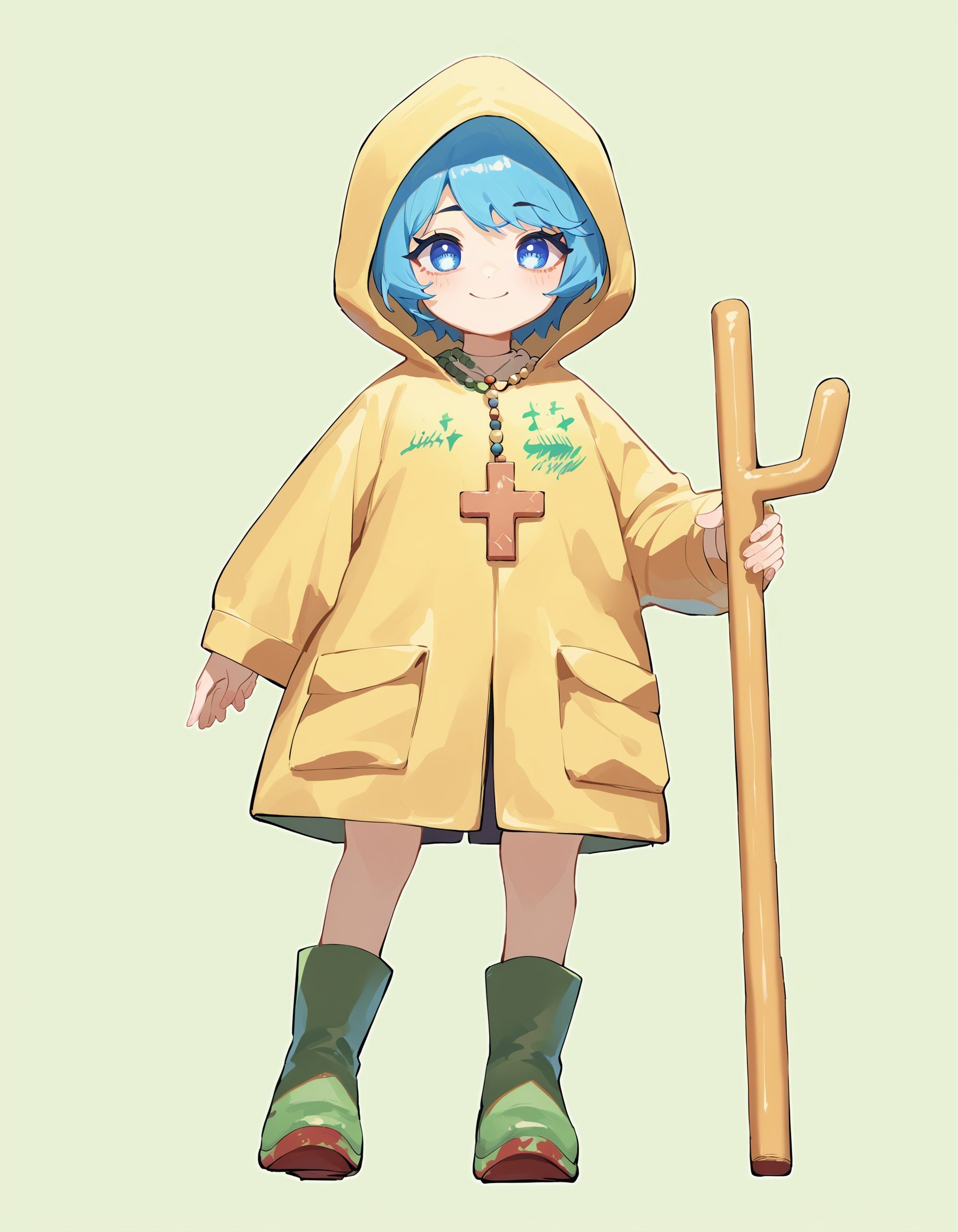 (masterpiece), best quality, expressive eyes, perfect face, score_9, score_8_up, score_7_up, source_anime, Female, two-pronged cane, green boots, yellow hooded cape, christian cross necklace, short hair, light blue hair, blue eyes, Luce, full body, <lora:74fa9fe4-20fd-40d8-ae19-4033e06d544e:1.0>